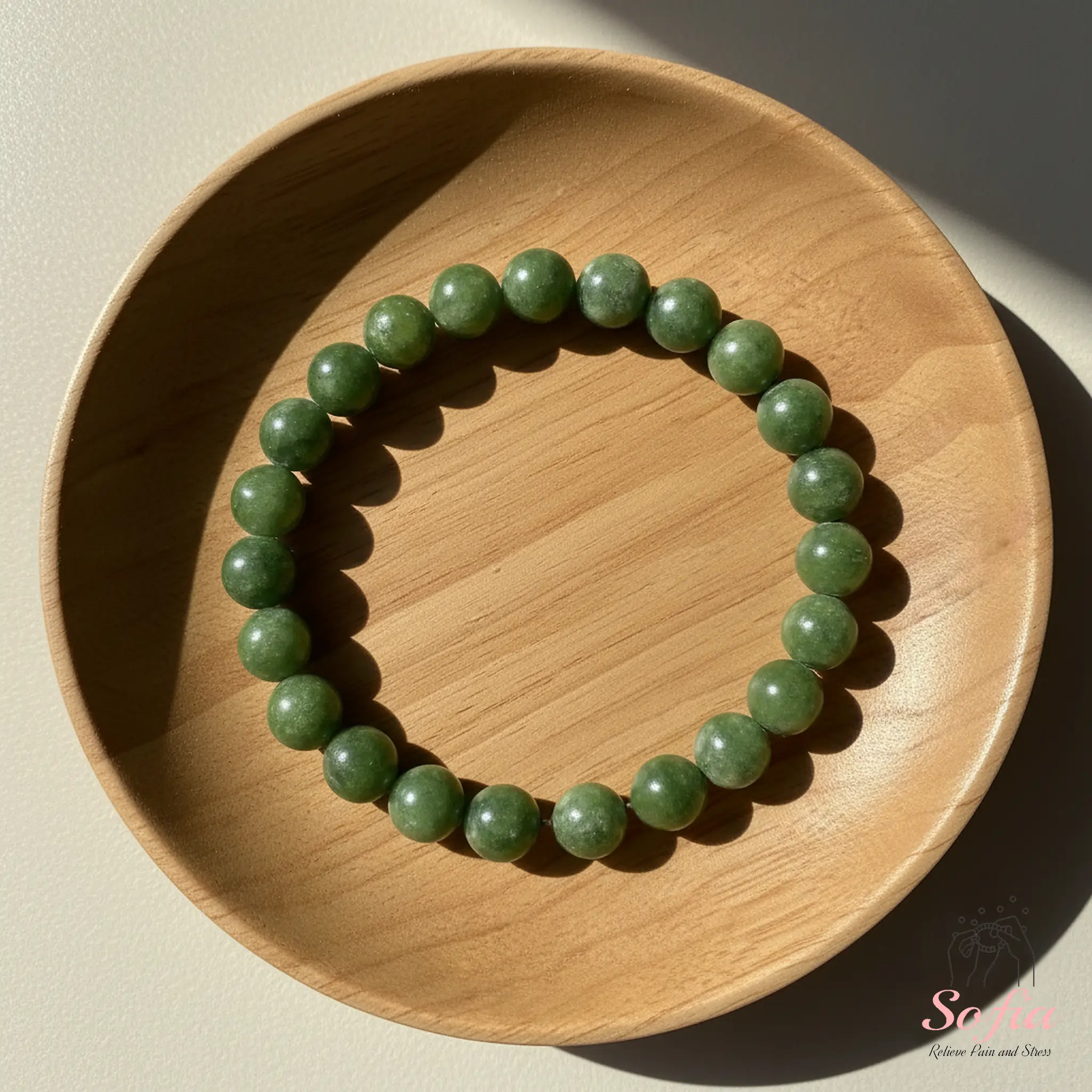 Sofia Unisex Natural Green Nephrite Stone Beaded Bracelet, Handmade Boho Chic Elastic Cord Stretch Bracelet for Adults, 6.5-7.5 in Daily Wear Jewelry, Boho Chic Lovers