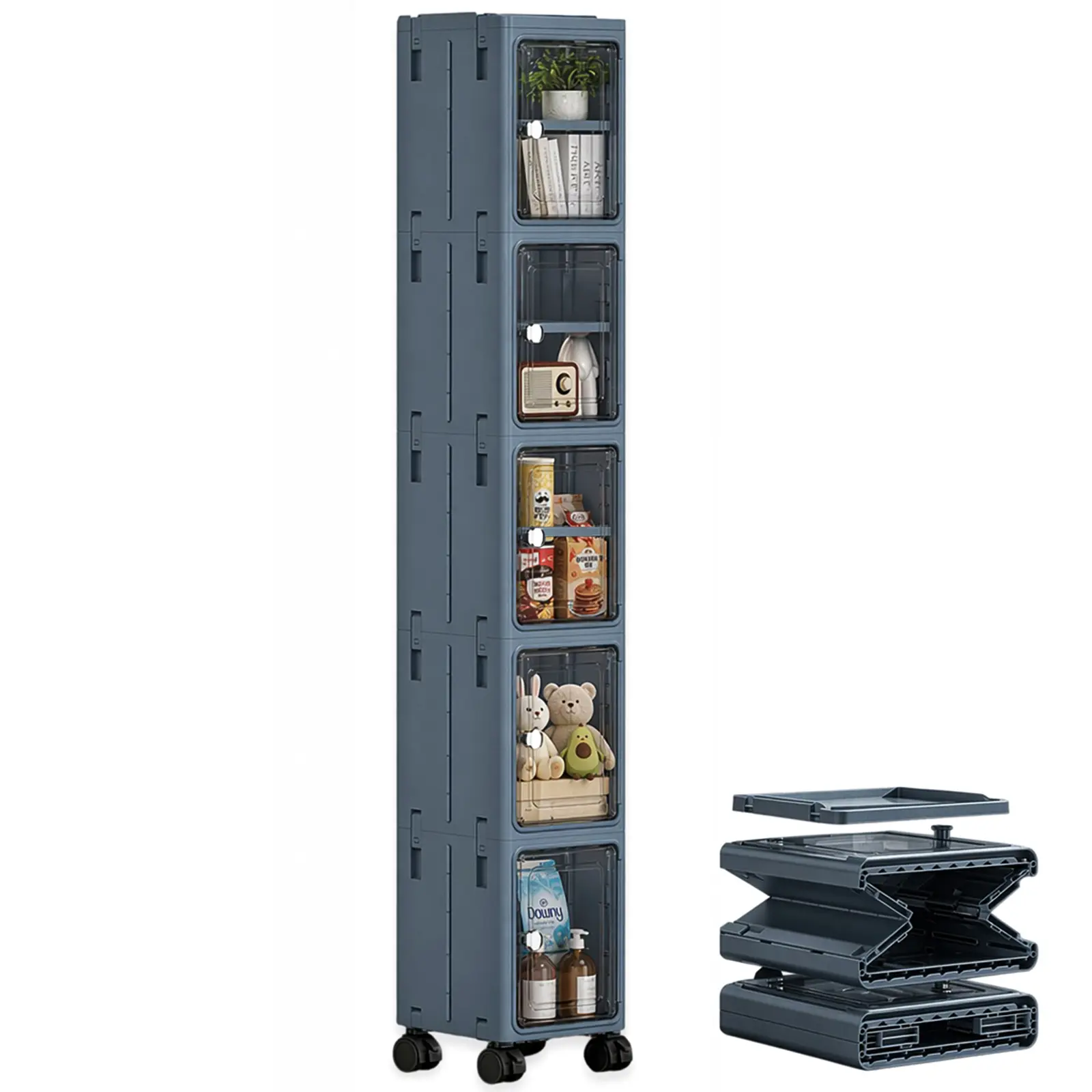5-Tier Stackable Collapsible Plastic Storage Bins with Wheels, White Lidded Organiser Boxes, Fold-Flat Storage for Home, Office Organization