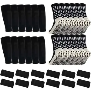 6 Pairs Grip Soccer Socks 6 Pairs Soccer Sleeve Socks with 12 count Shin Guard Straps for Youth Adults