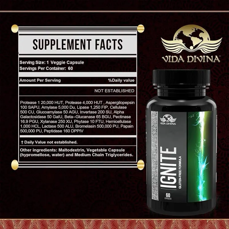 Vida Divina Ignite Supplement Facts 1 Veggie Capsule Protein 14000 HUT 60 Servings Per Container
