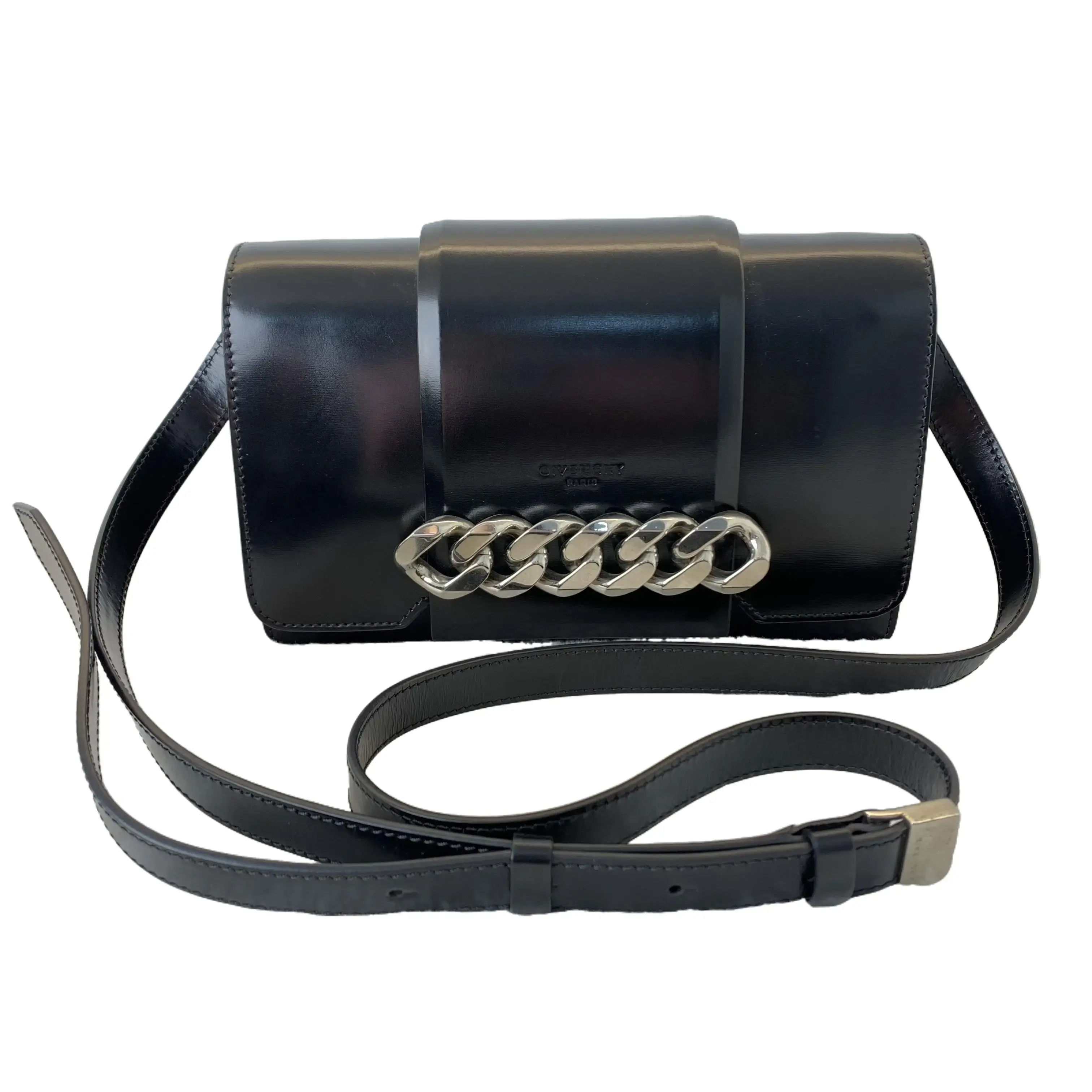 Pre-owned GIVENCHY Black Glossed Box Calf Leather Chain Detail Flap Crossbody Bag with Adjustable Leather Strap TKB00000019