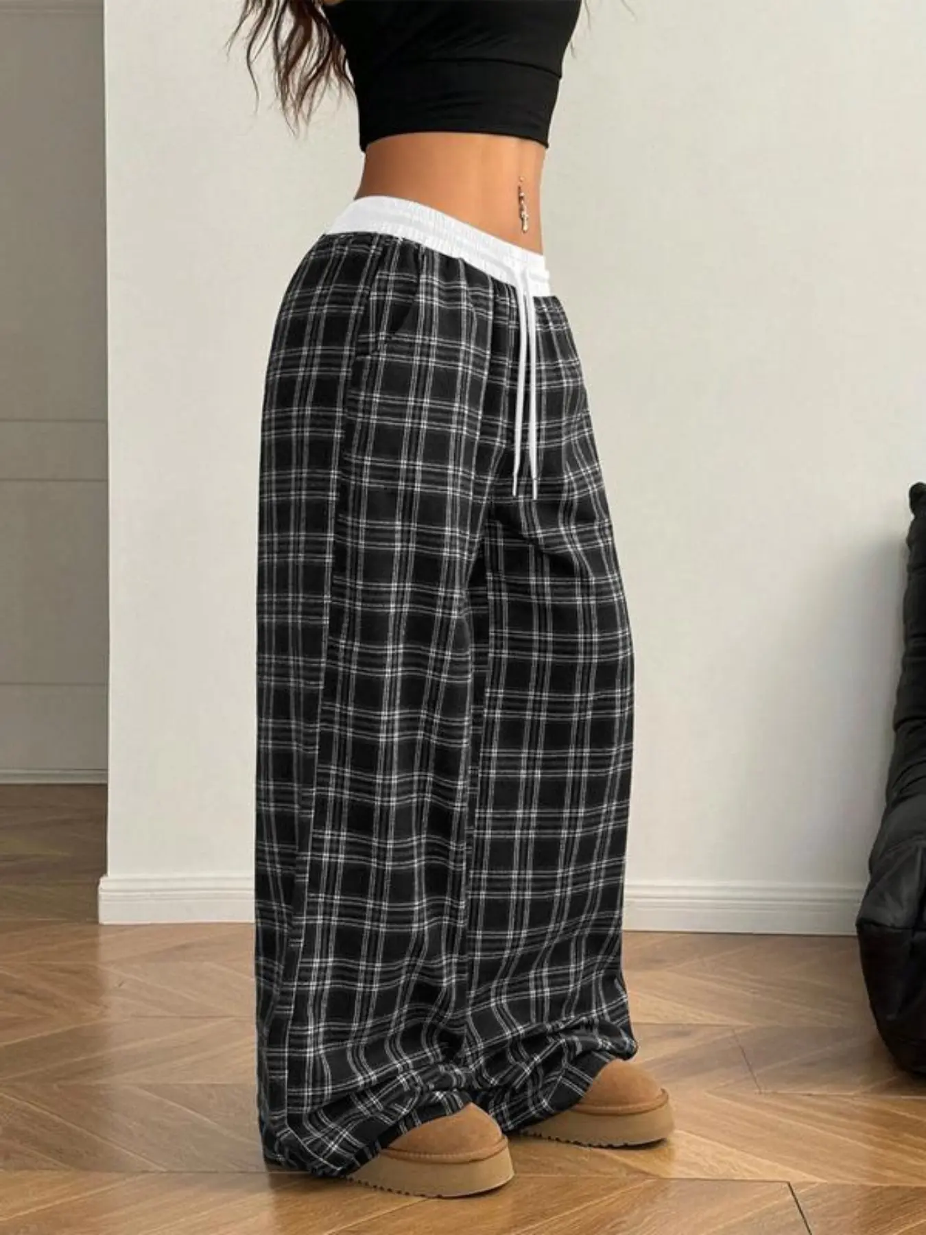 Women's Gingham Pants Plaid Casual Y2K Soft Flannel Trouser Pajama Pants, Loose Fit Wide Leg Baggy Design, Fall & Winter Essential, Loungewear Nightwear Pjs Pajama Trousers Womenswear