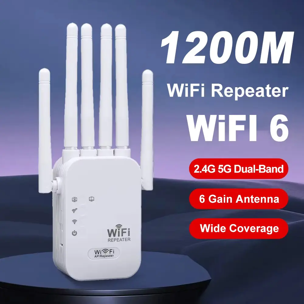 WiFi Extender, 1200Mbps Dual Band 2.4GHz/5GHz Signal Booster with 6 High-Gain Antennas, Covers Up to WiFi Extender, 1200Mbps Dual Band 2.4GHz/5GHz Signal Booster with 6 High-Gain Antennas, Covers Up to