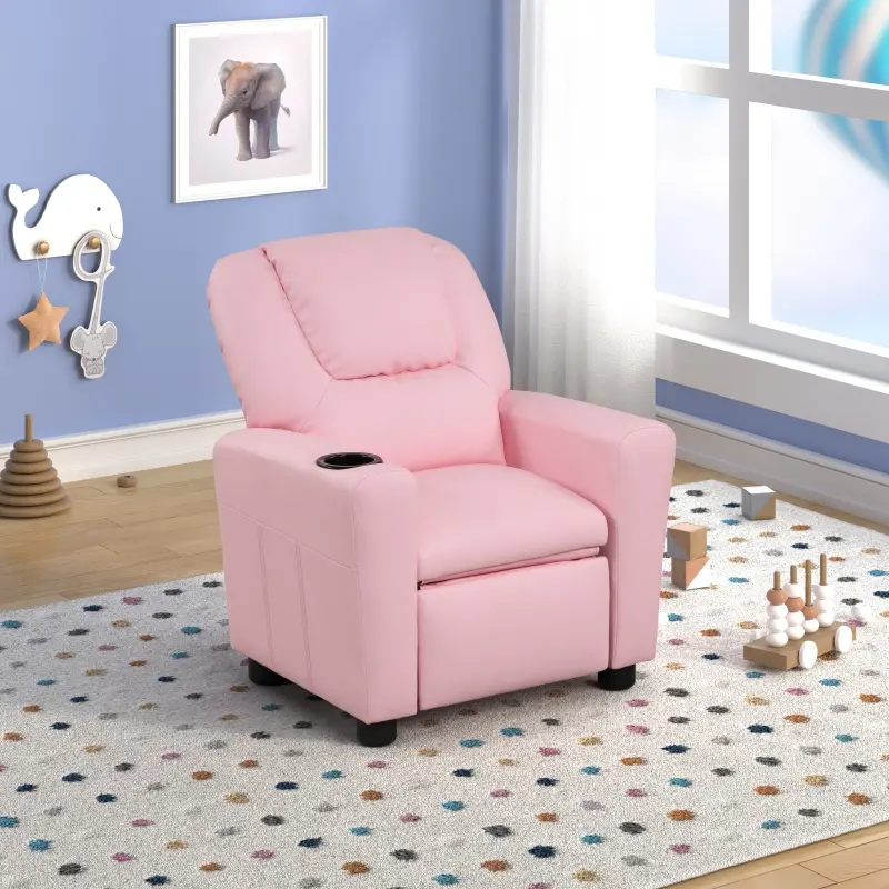 Youth Casual Armless Compact PU Leather Recliner Chair - 23in, Pink Accent Chair with Built-in Cupholder, Compact Footrest, Durable Corners, Easy-Clean, 24 lbs, Minimal Setup Assembly Required
