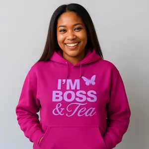 I'M BOSS & Tea Hoodie Cozy Winter Essential for Women Soft Warm Heavy Blend Lavender Design S-5XL Black Navy Charcoal Heather Forest Green Purple Hot Pink