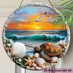 2D Flat, Ocean-Themed Wooden Wall Art, Round Nautical Decor with Sea Turtles, Seashells, and Starfish - Vintage Style, Artificial Wood, Hanging Design for Home, Office, Classroom, Garage, Garden - Beach Party Decoration, Beach Theme Decor