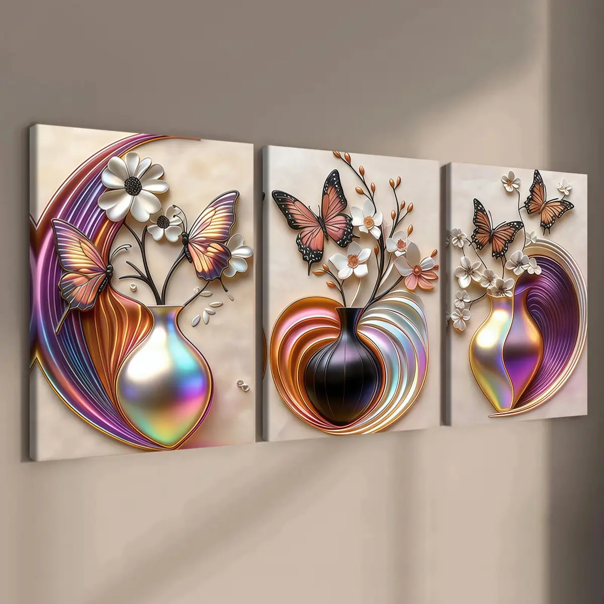 3-count wooden frame canvas, light luxury, colorful butterfly vase, Floral abstract design decorative poster, family poster, modern living room decoration, suitable for corridor and bedroom walls, waterproof art, Modern home decoration