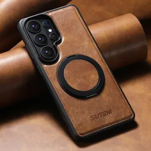 SUTENI Magnet Wireless Charging Phone Case Oil Wax Faux Leather 360° Rotating Stand Buckle For Samsung Galaxy S26 Ultra S25 S24 S23 S22 For Unisex Relatives Friends And Elders Holiday Gift