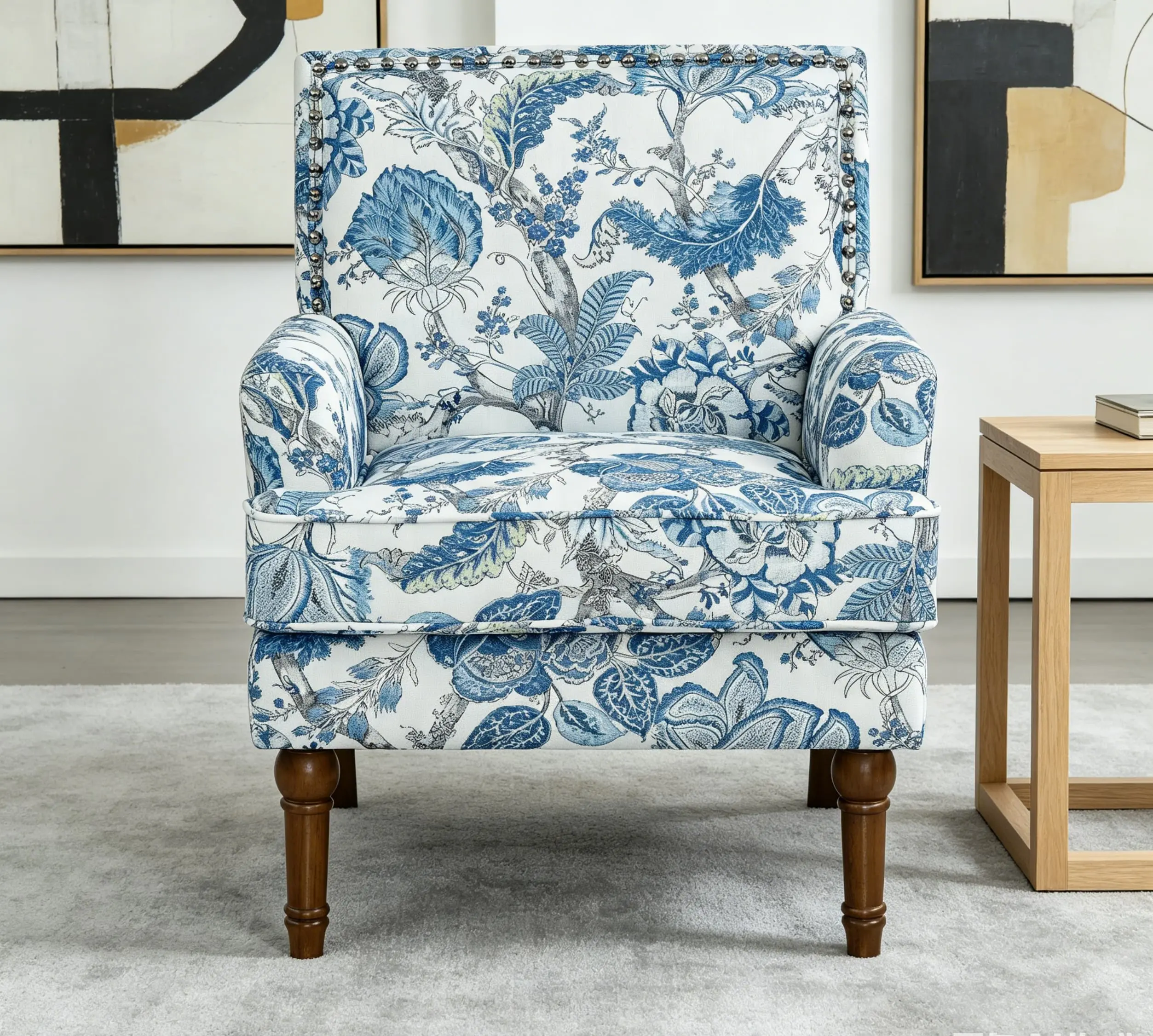 Farmhouse Style Armchair with Solid Wood Legs - Living Room Side Chair for Indoor Furniture, Living Room Decor