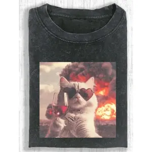 Vintage Wash Meme Cat Drinking Wine Shirt Funny Heart Glasses Kitty Tee Cat Lover Gift Gen Z Cat Meme Top Casual Crew Neck Medium Stretch Fabric Geometric Pattern All Season Fit