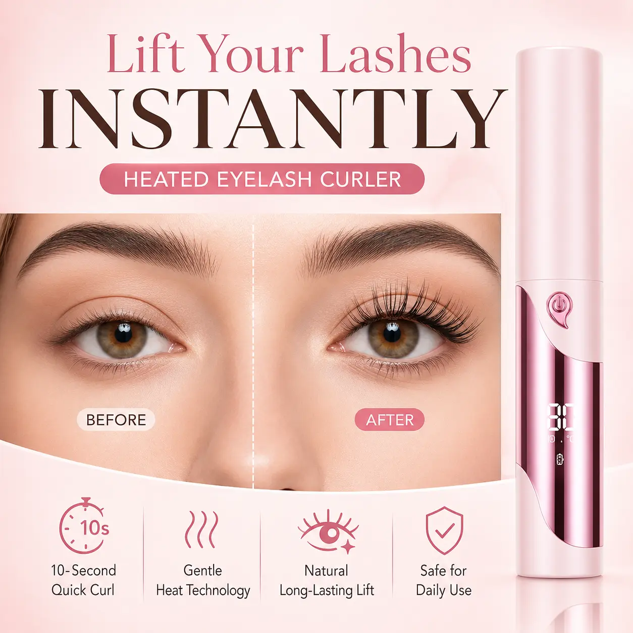 Heated Eyelash Curler, USB Rechargeable Electric Lash Curler with LED Temperature Display, Anti-Scald Silicone Heating Pad, Fast Lift Tool for Long-Lasting Natural Curl