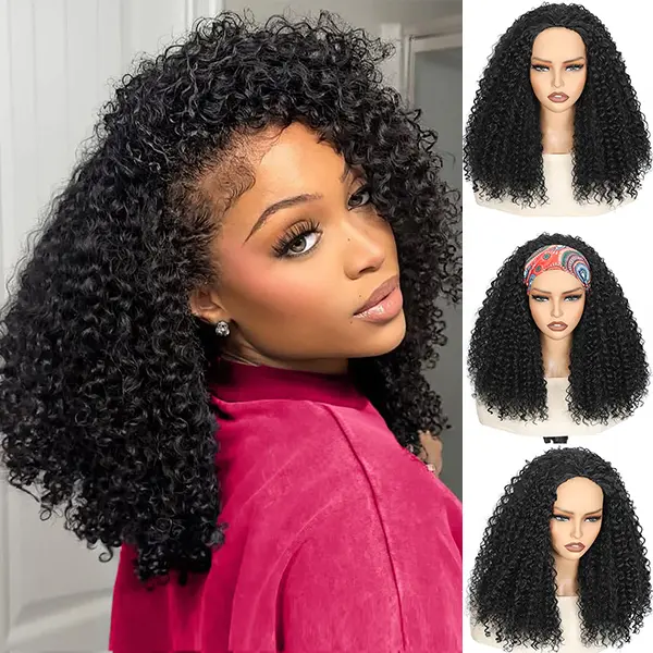 Kinky Curly Half Wig Glueless 20 Inch Premium Fiber Blend 3 In 1 Wear Go Drawstring Half Wigs for Black Women Beginner Friendly Everyday Use