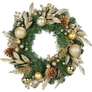 20 inch Christmas Door Wreath Norfolk Pine Wreaths for Front Door with Golden Ball Glittered Leaf Spray Stems Pinecones Berries for Xmas Fireplace Wall Window Indoor Outdoor Decor