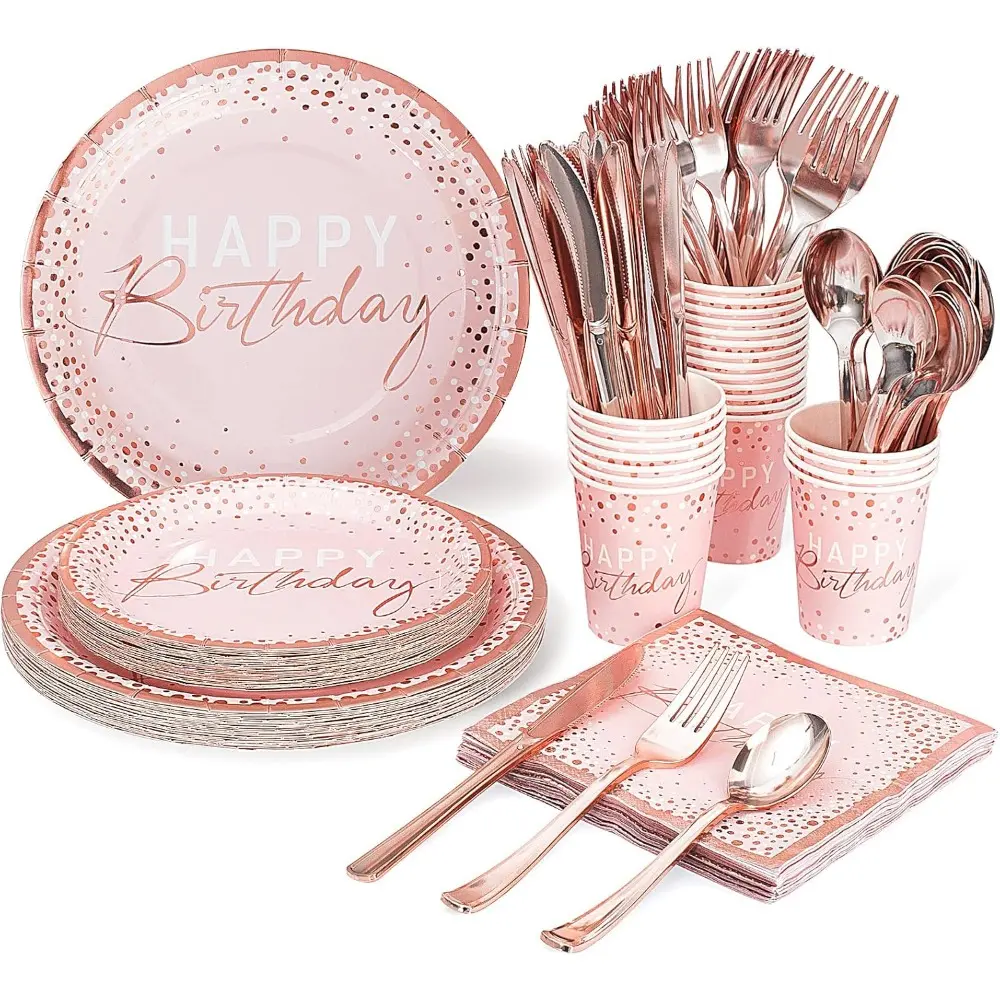 Premium Quality 175PCS Disposable Festive Party Supplies Set - Pink & Rose Gold Polka Dot 9" Dinner Plates, Paper Cups, Napkins, Plastic Cutlery for 25 Guests, Ideal for Girls & Women, Baby Shower & All Occasions, Pink And Rose Gold, Birthday