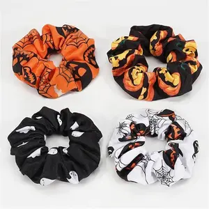 Halloween Hair Scrunchies Set of 4 – Pumpkin, Ghost, Spider Web & Bat Hair Ties for Women – Elastic Ponytail Holders, Cute Spooky Hair Accessories for Girls, Fall Party, Trick or Treat & Costume Wear, hair bands, Halloween decoration, gifts for girls