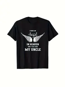 Men'S Memorial T-Shirt |   I Have an Angel in Heaven I Call My Uncle Graphic - Black Crew Neck Short Sleeve Glossy Fabric Machine Washable All-Season Comfort Casual Tee for Casual Attire Vintage Style Regular Fit Perfect for Adults