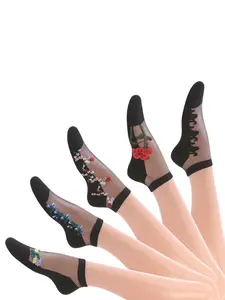 Women's 5 Pairs Floral Print Contrast Mesh Ankle Socks,comfy Casual Breathable Low Cut Socks for Summer, Breathable Fabric Socks, Casual Stylish Socks, Women's Socks & Hosiery