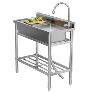 One sink that does it all: deep single bowl, pull-out faucet, built-in drainboard, and a storage shelf underneath. 47 inches wide, NSF-certified 304 stainless steel. Freestanding so you can put it anywhere. Tap to order.