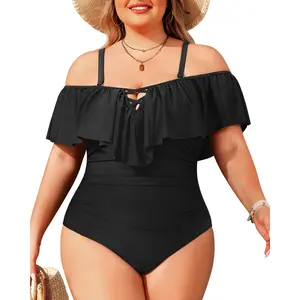 Daci Women Plus Size One Piece Swimsuits Tummy Control Ruffle Off Shoulder Bathing Suits