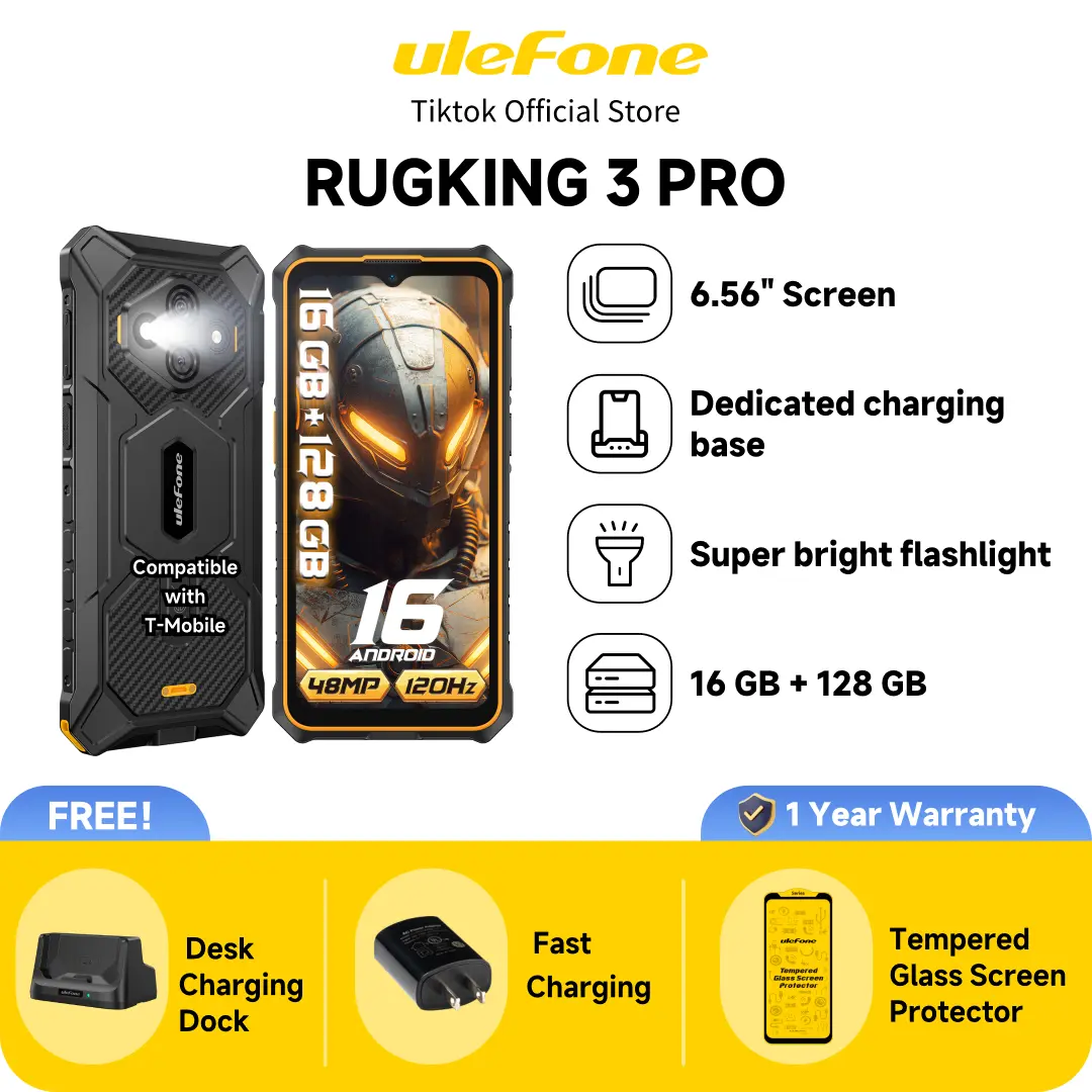 Ulefone RugKing 3 Pro Rugged Phone Unlocked, Octa-core 16GB+128GB/2TB, Android 15, 6.56" 120Hz, 48MP+2MP+8MP, 5600mAh, IP69K & IP68 Proof, Water-Lock, Dock Charging, Al Assistant(Gemini), Orange Visit the Ulefone Store