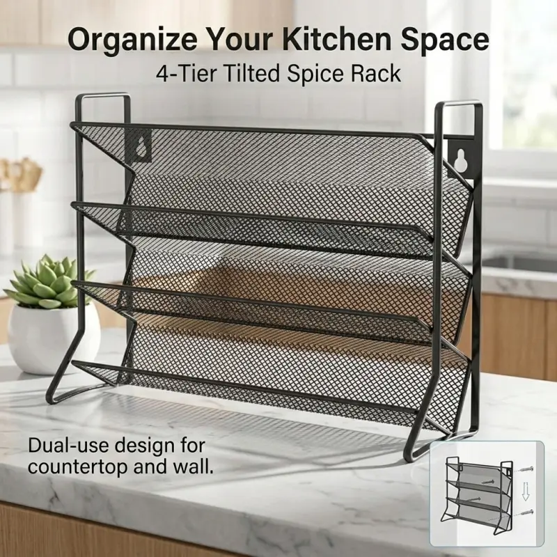 4-Tier Tilted Spice Rack, Dual-Use for Countertop & Wall Mount, Kitchen Seasoning Organizer