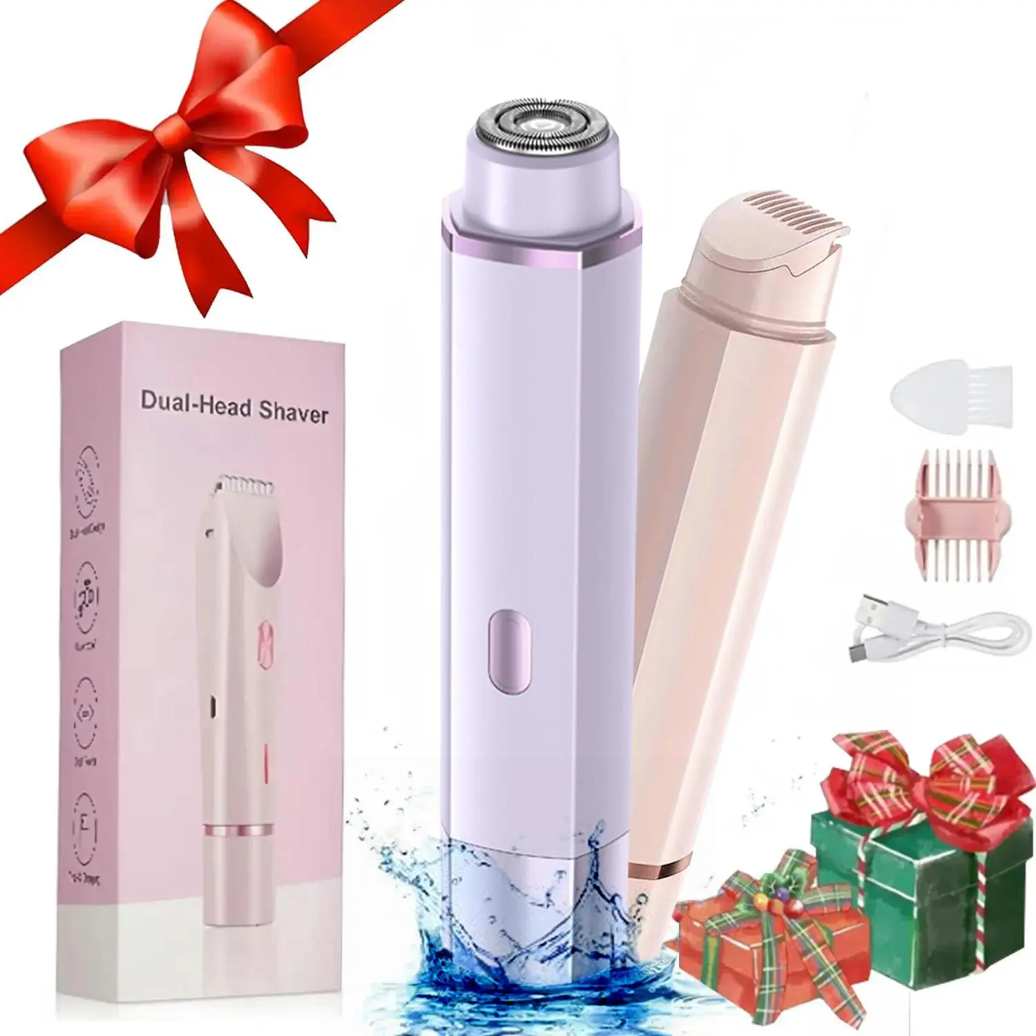 Gamstory  Bikini Trimmer for Women, Electric Shaver and Razor Rechargeable 2-in-1 Body and Facial Epilator, Dual Heads for Painless Trimming of Pubic Hair, Face, Underarms and Legs, IPX7 Waterproof. Christmas Gift New Year Gift Shaving Grooming