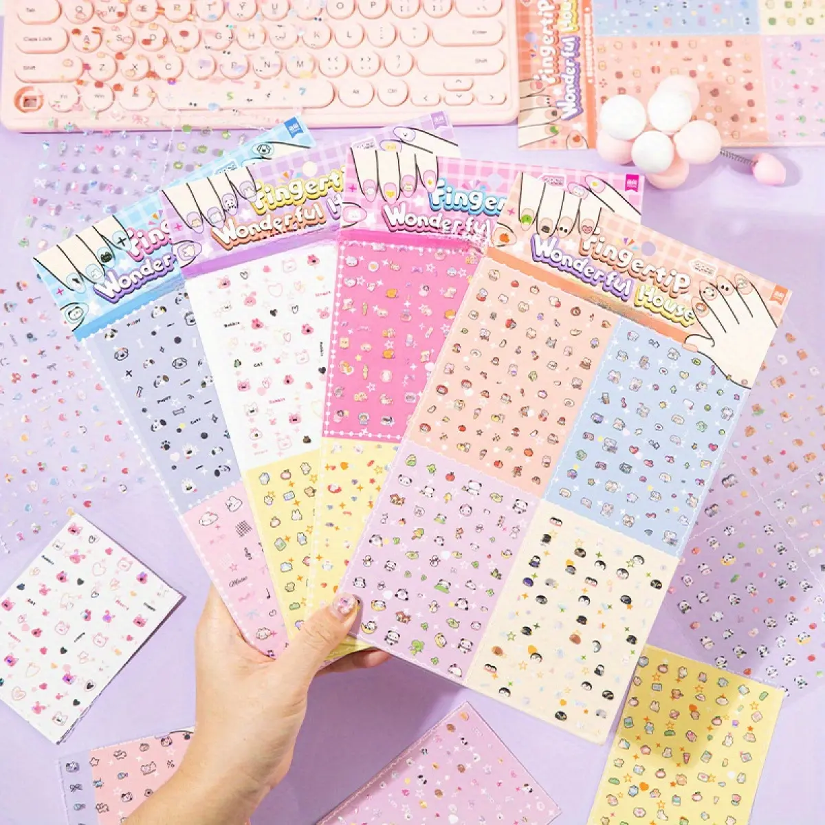8-Piece PET Waterproof Cartoon Novelty Print Nail Art Stickers Sheet, Cute Little Nose & Multi-Style Small Patterns, DIY Priming Office Stationery Decoration Labels