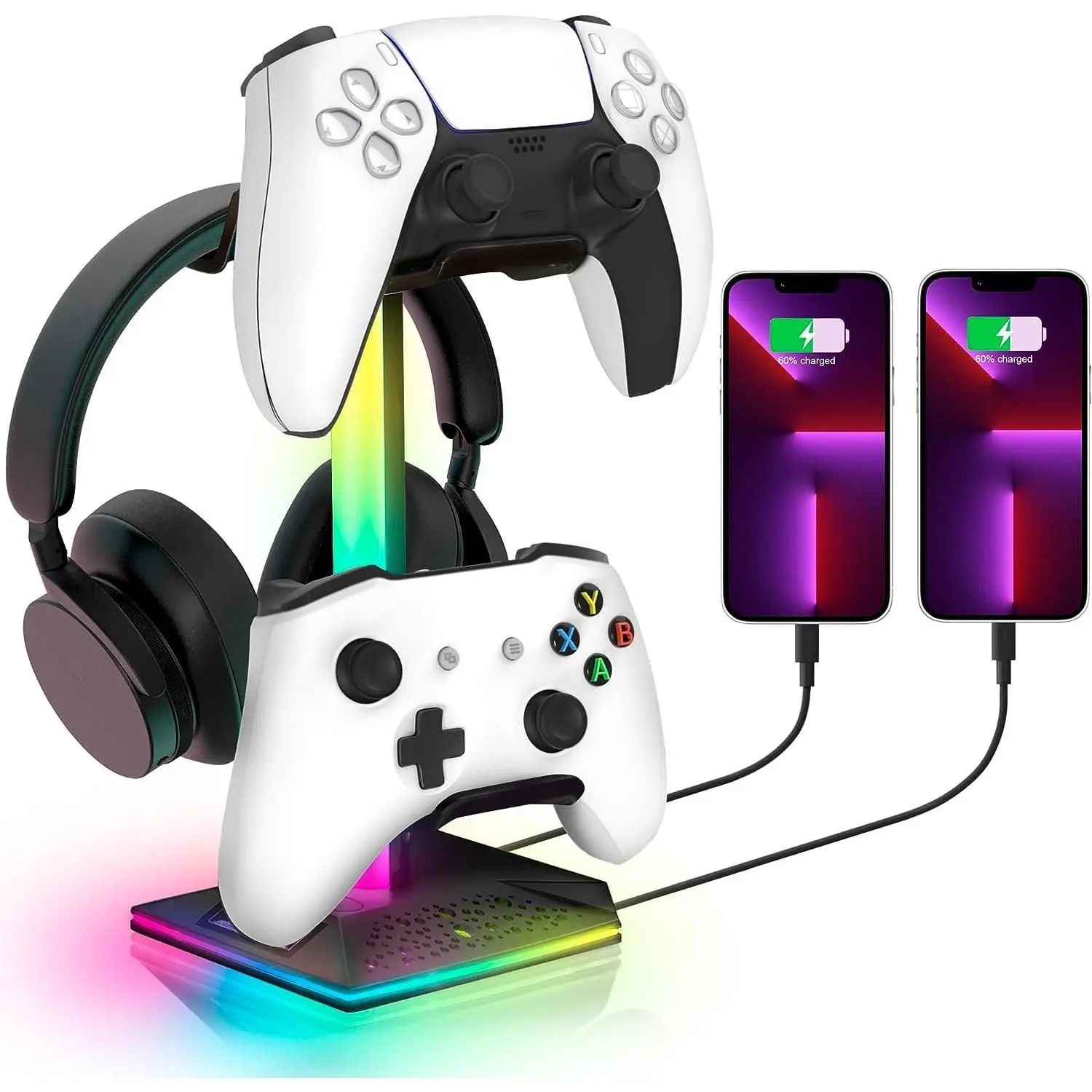 RGB Headset Stand, Gaming Controller Stand with 2 USB  Ports,10 Light Modes Headset Holder PC Gaming Accessories, Suitable for All Earphone Accessories,  for Boys Men Gamers