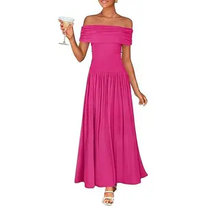 ZESICA Women's Off The Shoulder Maxi Dress 2025 Summer Sleeveless Casual Slim Swing Pleated Formal Party Dresses