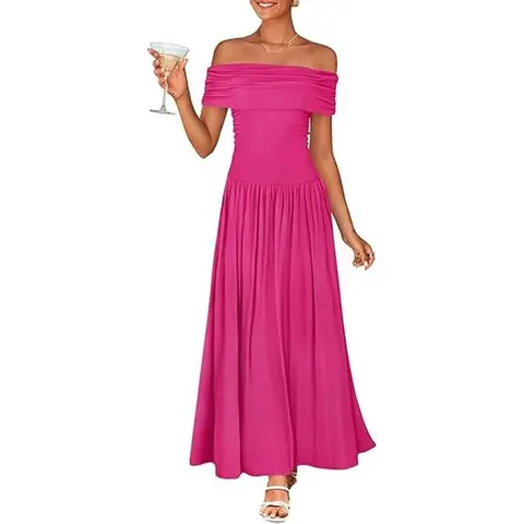 ZESICA Women's Off The Shoulder Maxi Dress 2025 Summer Sleeveless Casual Slim Swing Pleated Formal Party Dresses
