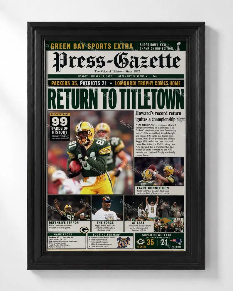 Green Bay Packers Bowl XXXI Newspaper Poster, 1997 Championship Wall Art, Return to Titletown Print, Vintage Sports Decor Gift