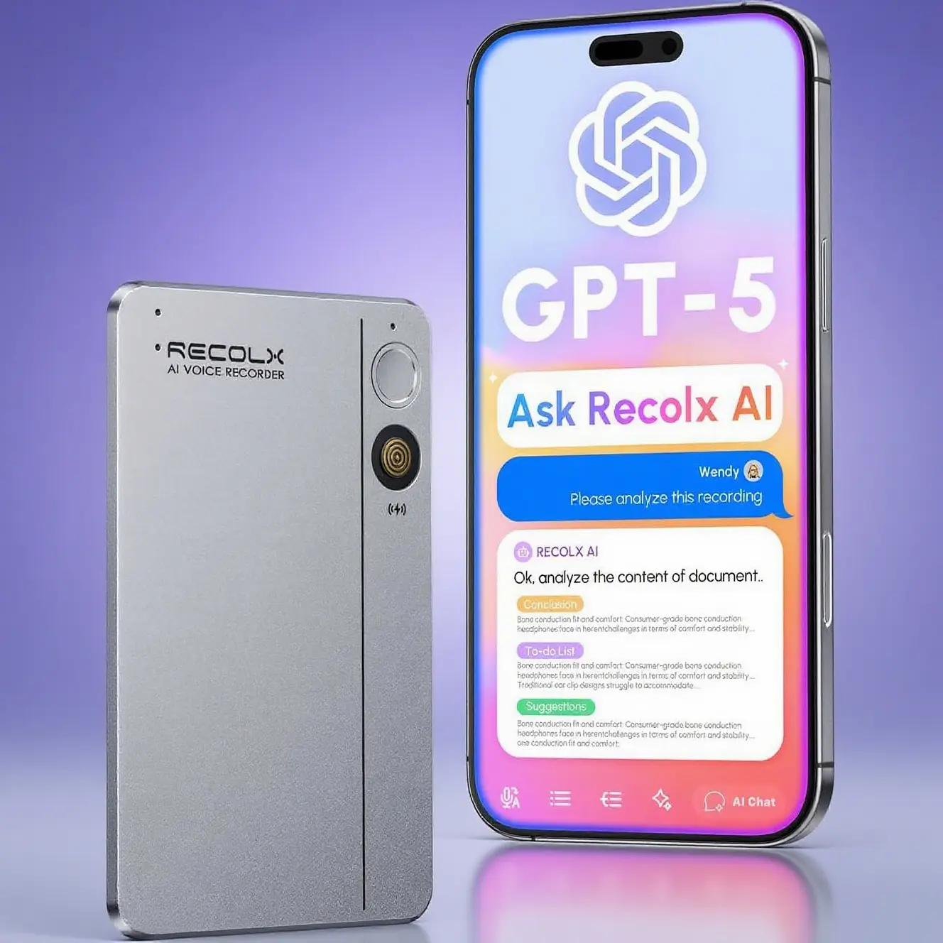 RECOLX GPT-5 AI Voice Recorder - Portable Recording Audio Equipment Device, 30H Recording, 112 Languages Auto Summary, Magnetic Protective Case for Secure Magnetic Surface Attachment