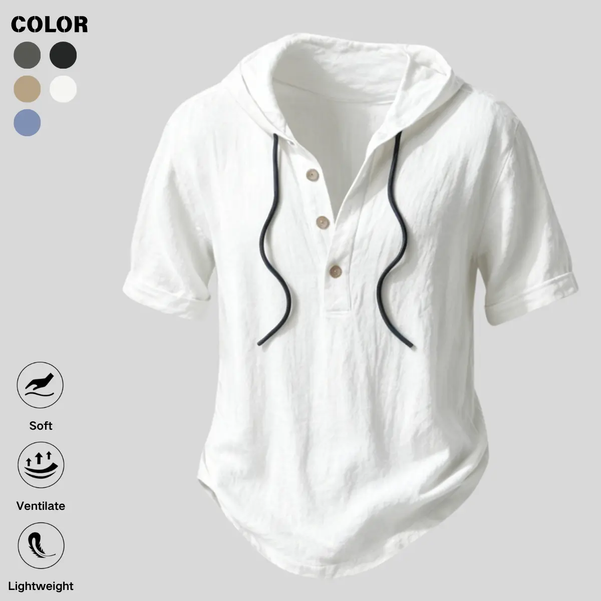 Men's Casual Linen Hooded Henley Shirt, Short-Sleeve Pullover with Buttons, Lightweight Breathable Fabric for Summer