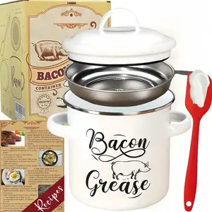 Bacon Grease Container with Strainer - 46OZ Large Capacity, With Silicone Wooden Spatula, Enamel Bacon Grease Keeper for Bacon Drippings, Farmhouse Red Kitchen Decor, Dishwasher Safe
