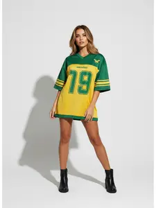 Yellow-green color block V-neck No. 19 number jersey T-shirt, Jamaica love heart color contrast short-sleeve, American retro street style loose top