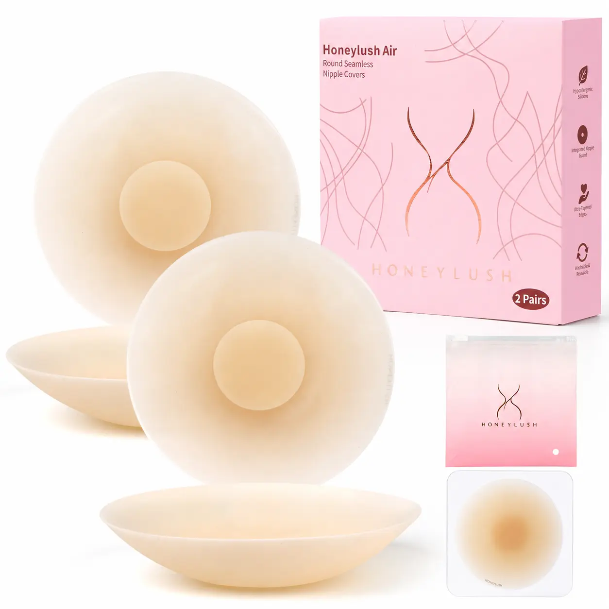 Women's HoneyLush Nip Covers (2 Pairs) - Ultra-Thin Silicone, Invisible Strapless, Reusable Hypoallergenic Breast Pasties with Storage Case, for Tight Clothing & Backless Dresses, All Seasons Bras Womenswear Basic Minimalist, Backless Dress