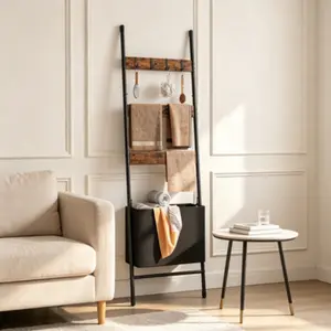 Blanket Ladder with Storage Basket, 17.3”L x 63.4”H, Wall-Leaning Towel Rack with Multi-Purpose Hooks, Freestanding Blanket Holder, Decorative Ladder Style Shelving, Multi-Functional Drying & Display Organizer for Bathroom and Living Room
