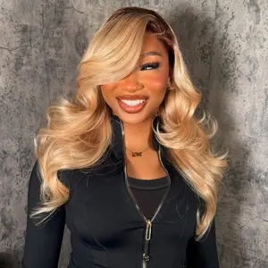 13X6 Lace Frontal Human Hair Wigs Brown Root Ash Blonde Colored Body Wave Hairstyle Transparent Lace 180% Density Ombre Ash Blonde Human Hair Wig For Women Pre-Plucked Long length 28 30 32 Inches, Body Wave Hair, Heat Resistant