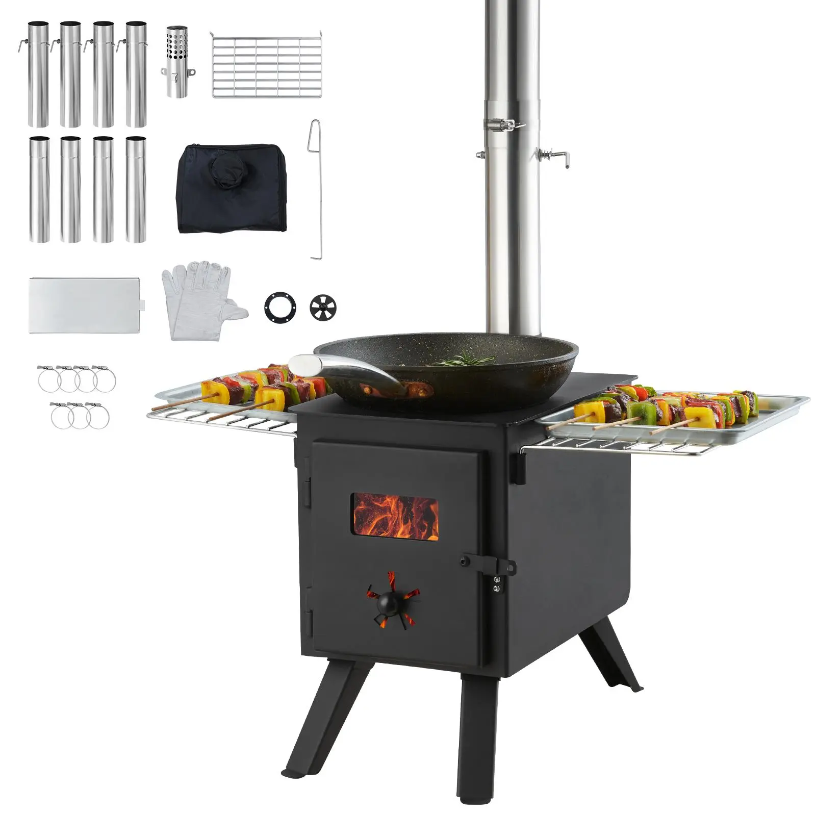 【SummerFinds】VEVOR Wood Stove,  , 86 inch, Alloy Steel Camping Tent Stove, Portable Wood Burning Stove with Chimney Pipes & Gloves, 1400in³Firebox Hot Tent Stove for Outdoor Cooking and Heating with 8 Pipes