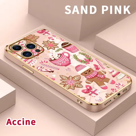 Electroplated TPU Phone Case for iPhone 15 Pro Max,16,14 Plus,13,12,11,X,XS Max,XR - Pink Christmas Delight Pattern, Classic Straight Design, Shock Absorption, Scratch Resistant, Raised Edge, Gold Edges Add Luxe Shine, Flexible TPU Cushions Everyday Bumps