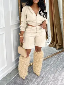 Women's Fitted PU Leather Jacket Set Outfit Suits, Long Sleeve Hooded Coat & Short Pants, Casual Spring Fall, Fashionable Women's Clothing