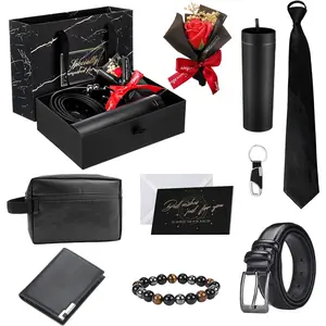 10 Pcs Men Birthdays Gift Set with Box for Men Dad Acrylic Tumbler with Lid Basket PU Leather Wallet Leather Toiletry Bag Tie Belt Keychain Bouquet Bracelet Greeting Card Set for Father's Day