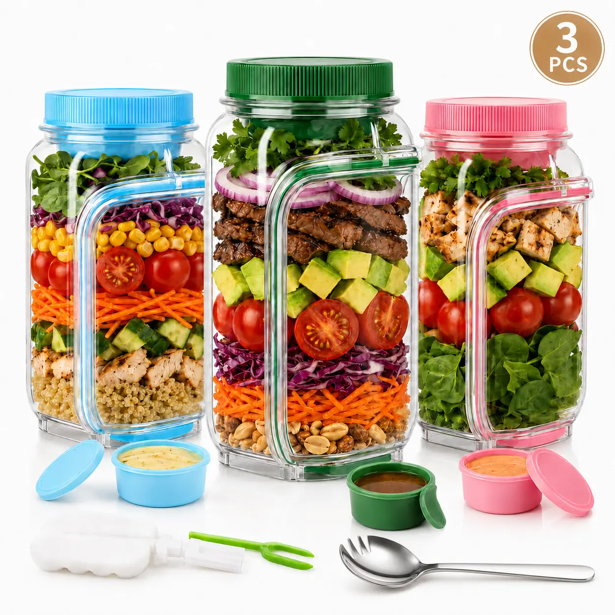 AISOON Side-Opening Salad Jar - BPA-Free Portable Leak Prevention Anti-Leak Microwave Safe Detachable Dual Compartment Preserving Container with Dressing Cup (1 Pack or 3-Color Mix 3 Pack), Leak Prevention Jars, Microwave Safe Jars