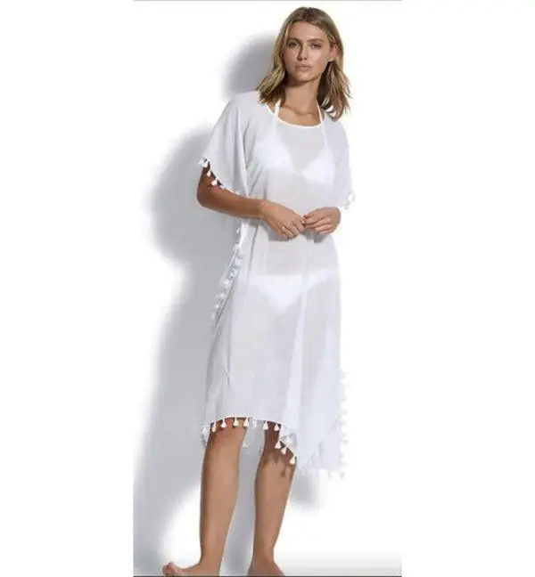 Women's Seafolly Cotton Midi Amnesia Kaftan - Modest Islamic Fashion, Chic Beach Wear, Loose Relaxed Feel, Tassel Trim, Side Splits, Machine Washable, Dry In Shade, 53638-Ka