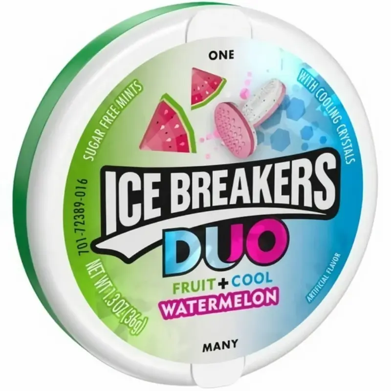 4-Pack Ice Breakers Tin Duo Fruity-Watermelon Breath Mints, 1.3oz Refreshing Snack Candies for Instant Oral Refreshment, Suitable for All Ages