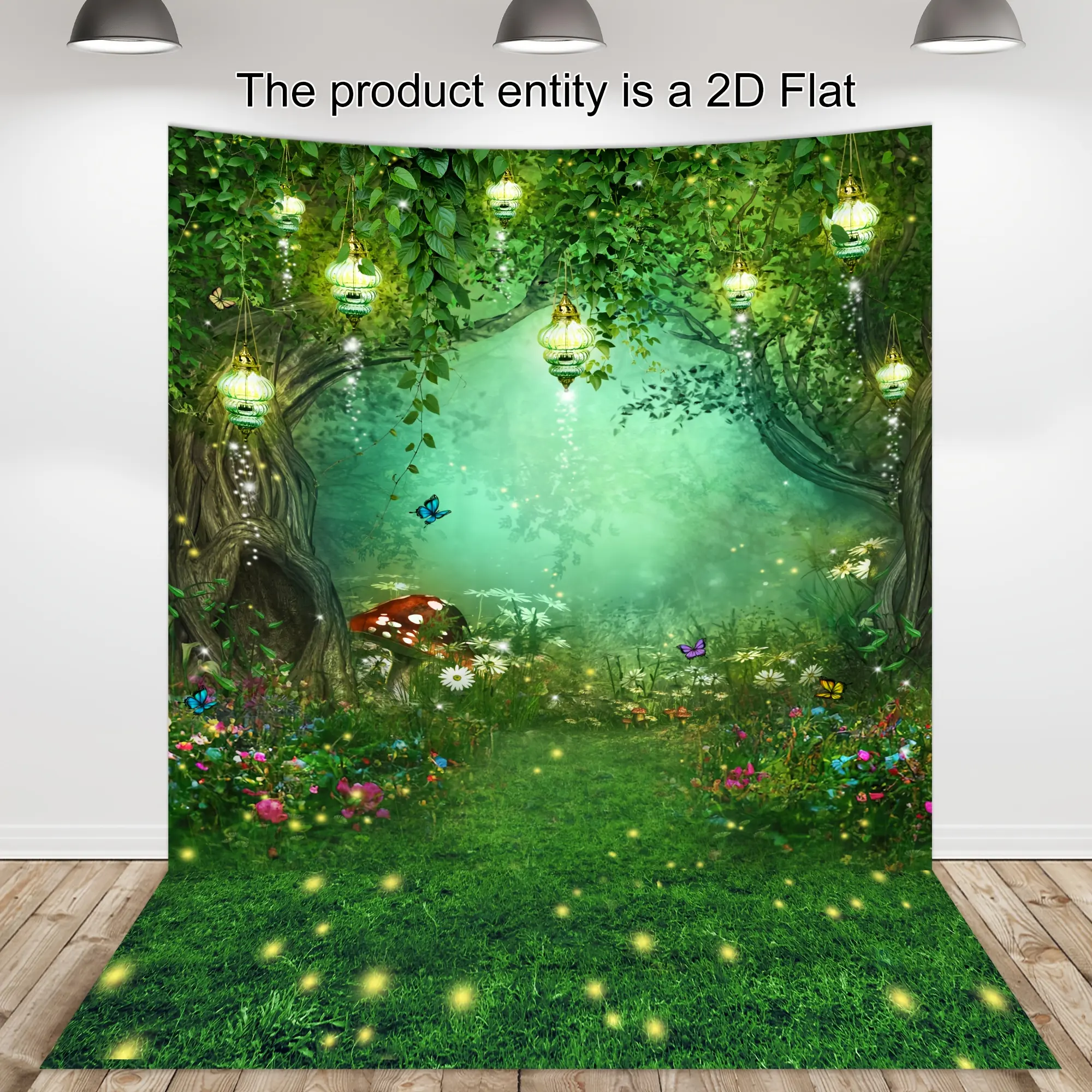1PC Vibrant 2D Flat Polyester Fantasy Forest Fairy Tale Backdrop Banner, Reusable Children’s Birthday Party Photography Curtain with Magical Garden Green Plants, Butterflies, Mushrooms, for Party Decorations, Events & Live-Stream Use