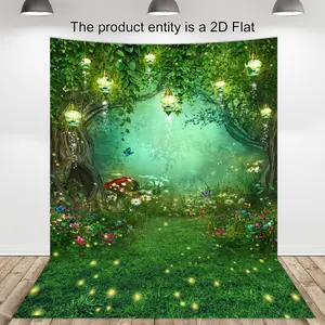 1PC Vibrant 2D Flat Polyester Fantasy Forest Fairy Tale Backdrop Banner, Reusable Children’s Birthday Party Photography Curtain with Magical Garden Green Plants, Butterflies, Mushrooms, for Party Decor & Live-Stream Use, Banners