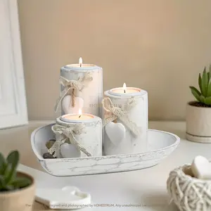 4-piece white wooden candlestick combination, tea lamp candlestick set, Tea Light Candles Holder, hemp rope bow decoration and decorative stone, heart-shaped tray, jewelry tray, perfect home decoration, Christmas gift, Valentine's day gift.