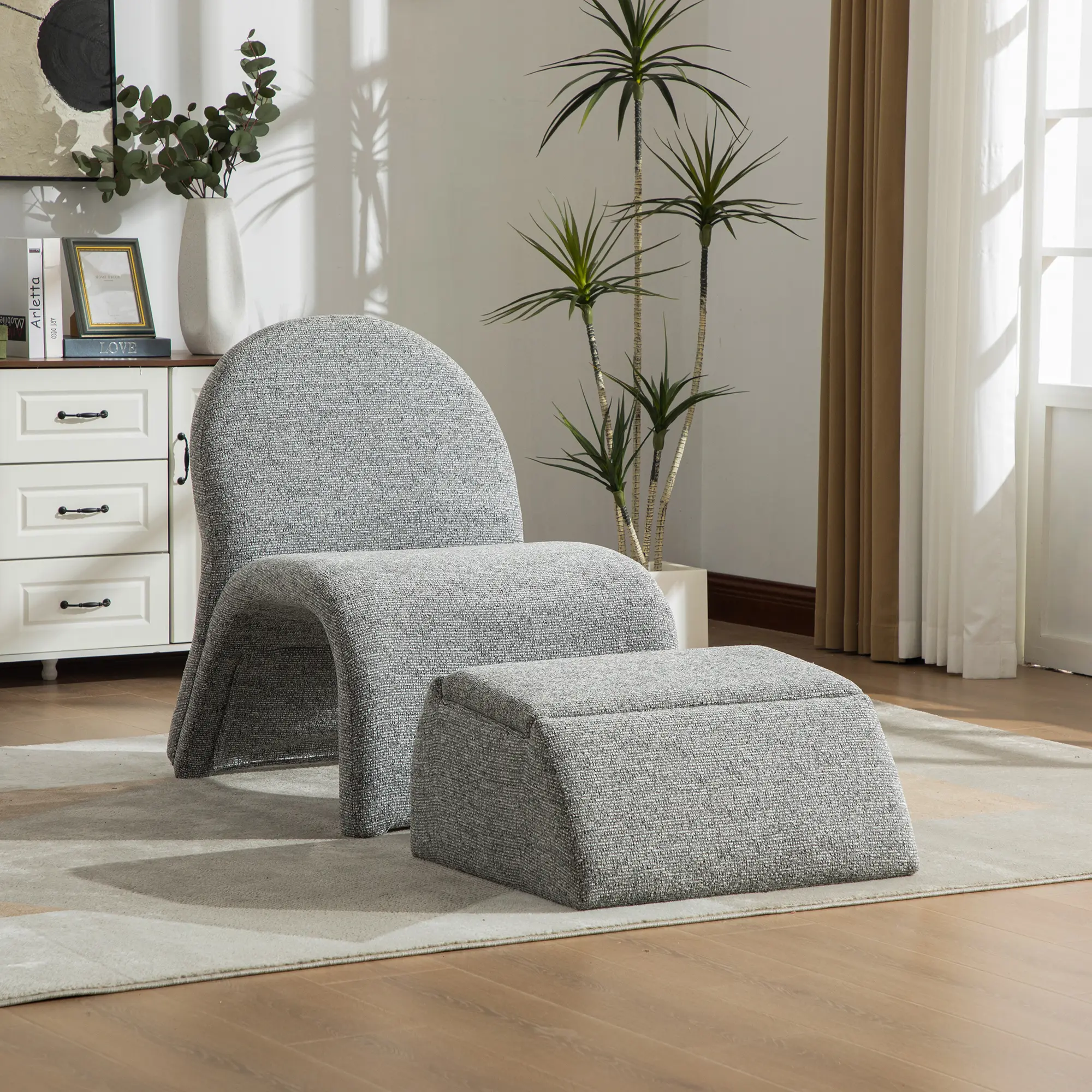 Modern Upholstered Armless Chair with Storage Ottoman Set, Chenille Accent Chair and Footstool Combo for Living Room Bedroom Office Reading Room, Gray White 24.8 Inch Wide, Dining Room Chairs for Kitchen, Dining Room, Living Room