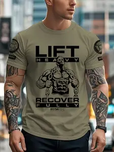 Summer Men's Fitness Muscle Man Pattern Round Neck T-Shirt, Casual Comfortable Gift Tee, Gym Workout Shirt, Outdoor Clothing, Short Sleeve Loose Fit